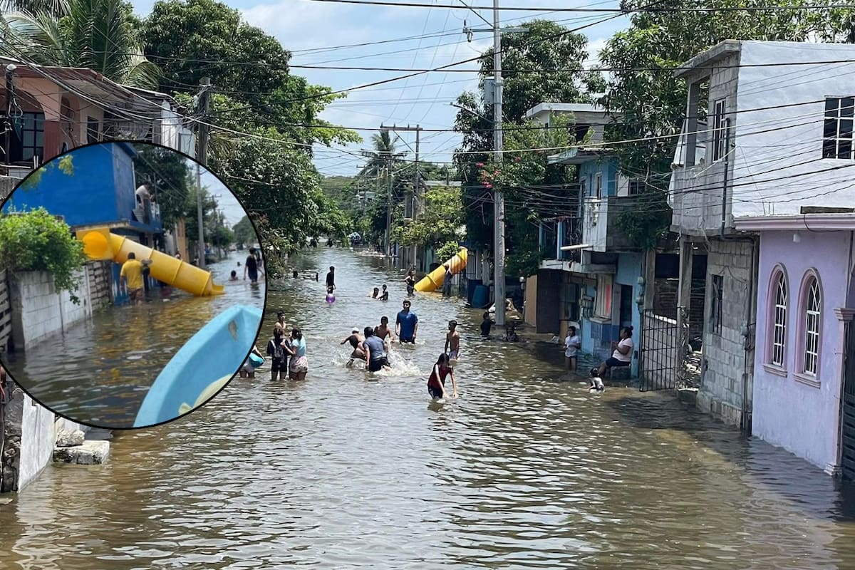 Niños convierten calles inundadas en tobogán y parque acuático en Tampico