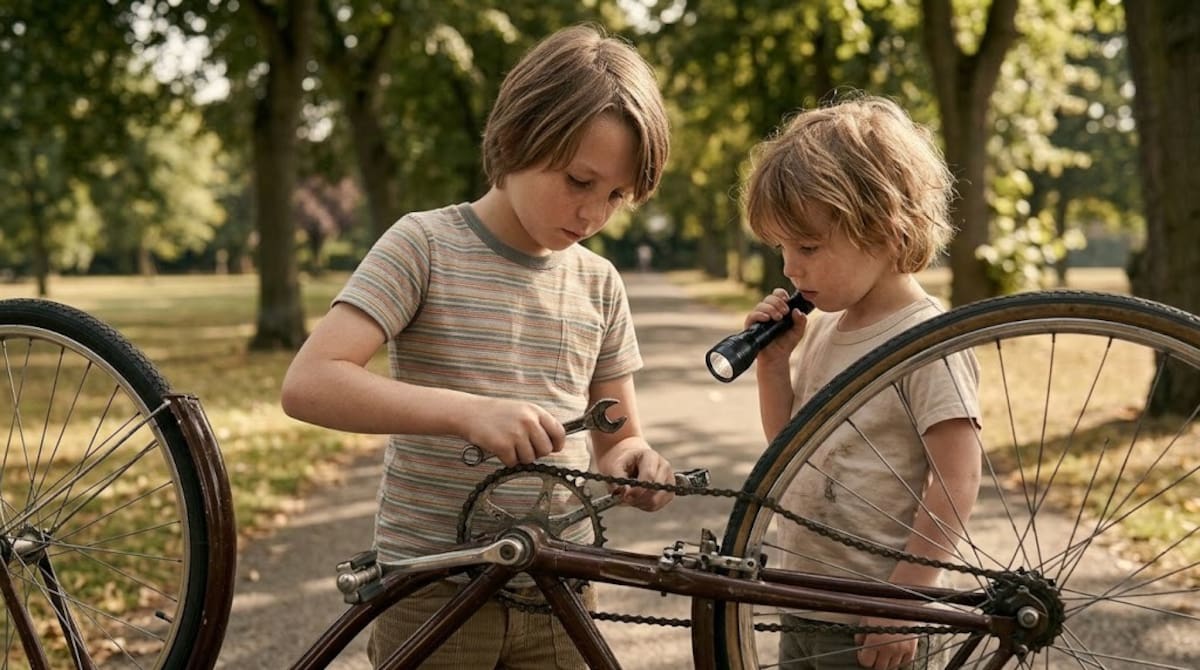 Niño arregla bicicleta con su hermanito. Foto: Gemini