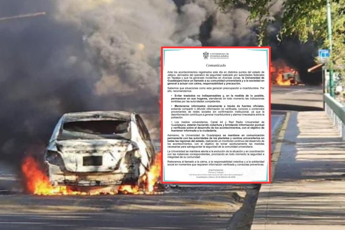 Universidad de Guadalajara llama a la calma y precaución ante los hechos de violencia registrados este domingo en Jalisco tras el abatimiento de Nemesio Oseguera Cervantes “El Mencho”, líder del Cártel Jalisco Nueva Generación