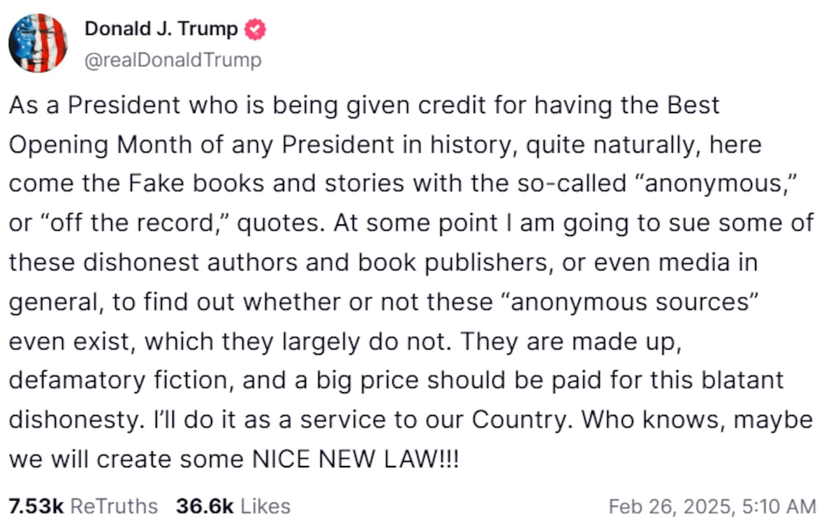 Donald Trump en Truth Social: ‘En su mayoría, estas fuentes no existen’. FOTO: Captura de pantalla