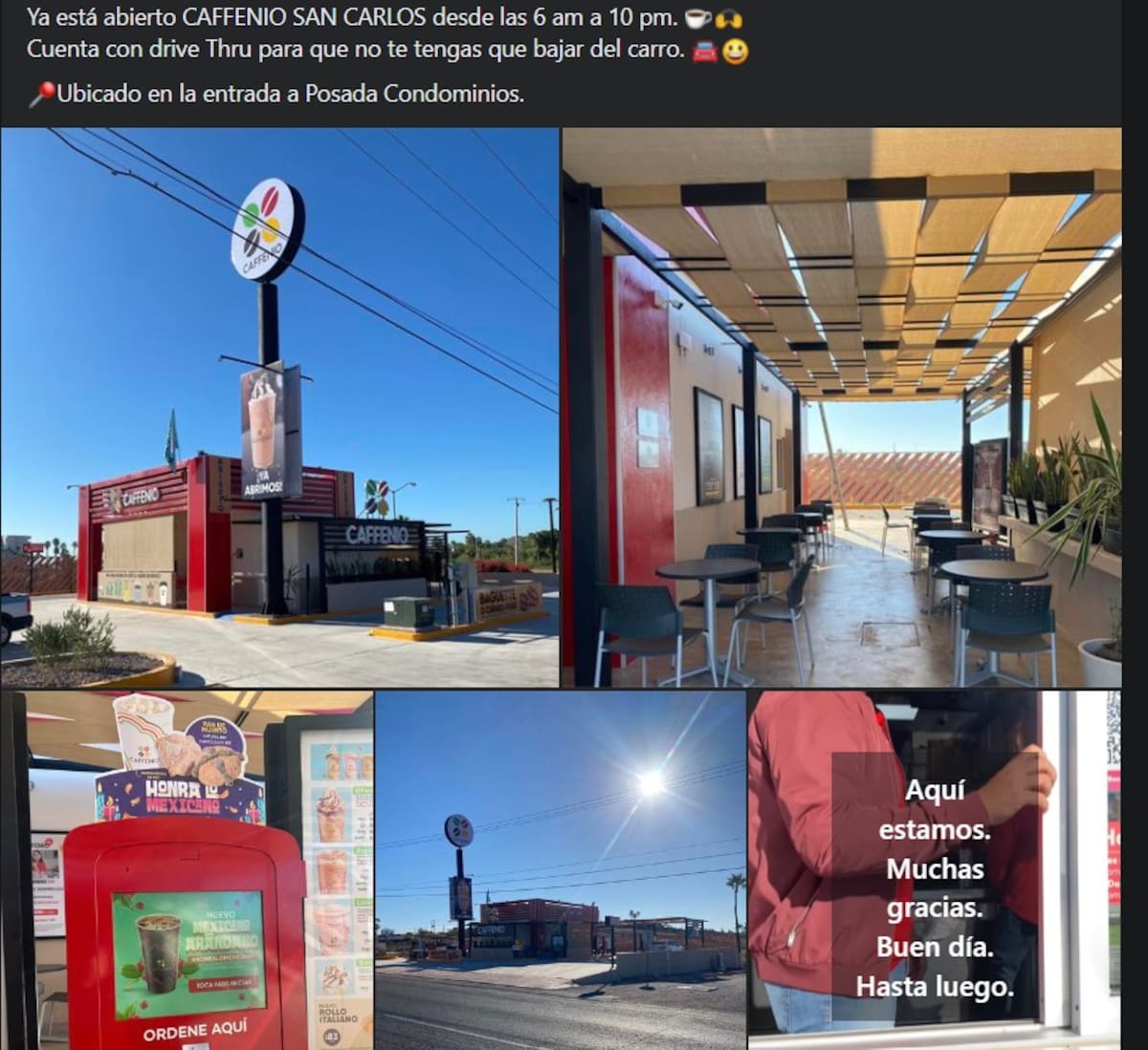 Publicación en Facebook de la nueva sucursal de Caffenio ubicada en San Carlos, Sonora. Foto: Página de Facebook (San Carlos Forum: What's Up San Carlos?)