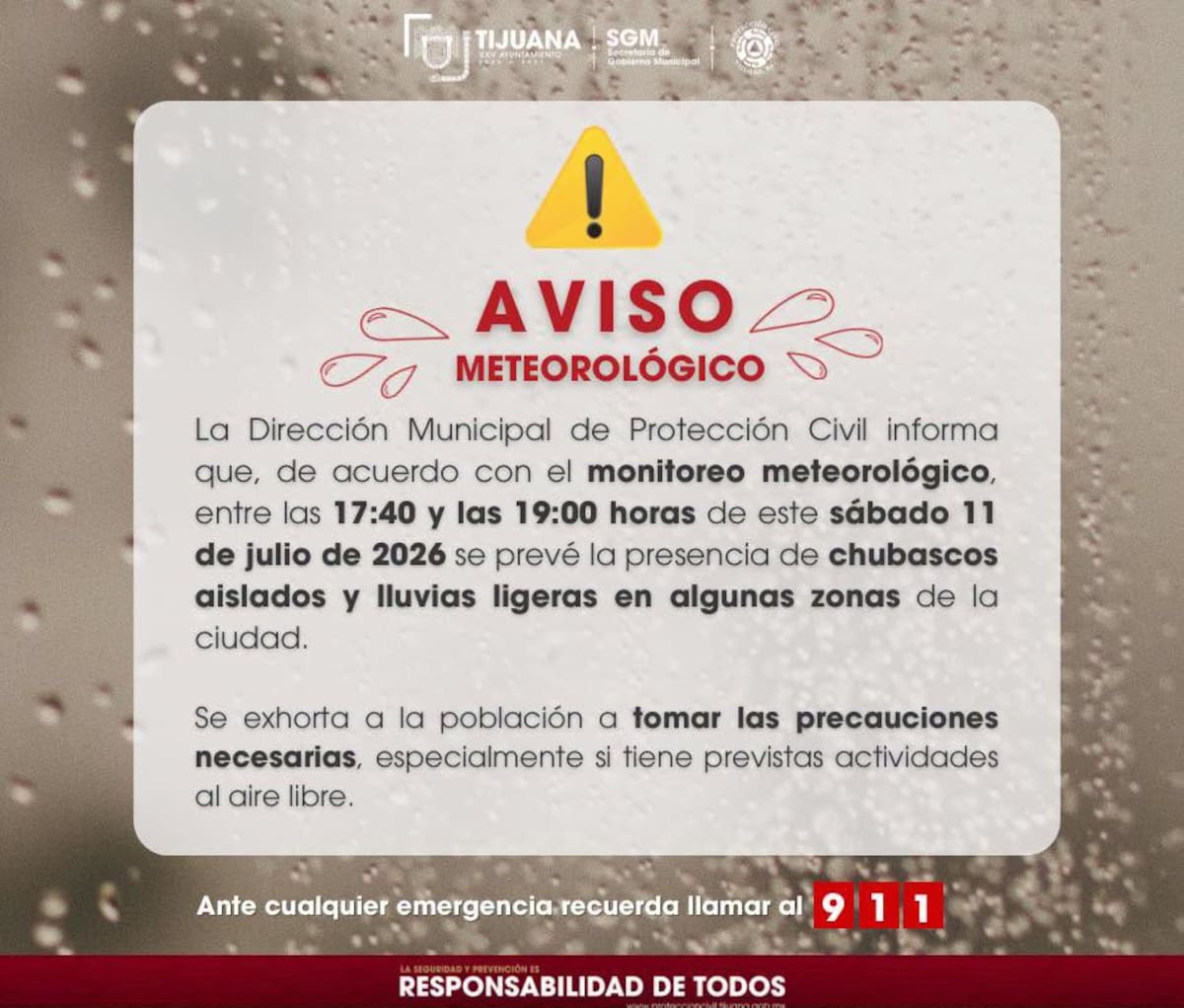 La Dirección Municipal de Protección Civil informó que entre las 17:40 y las 19:00 horas podrían registrarse chubascos aislados en distintas zonas de Tijuana.
Foto: Cortesia.