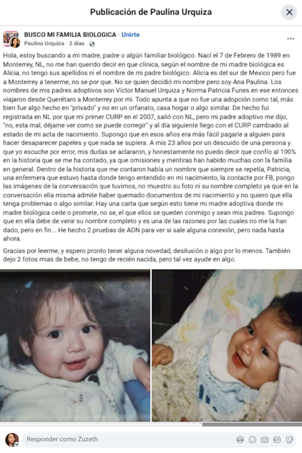 Busca a sus padres biológicos en Facebook y revela presunta adopción privada en Monterrey. Foto: Paulina Urquiza