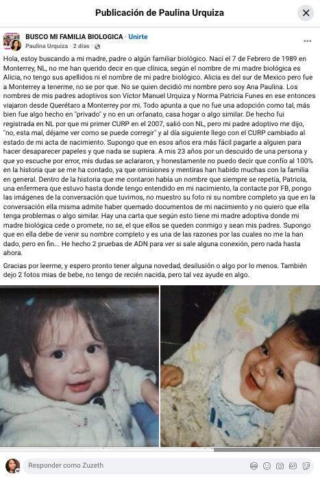 Busca a sus padres biológicos en Facebook y revela presunta adopción privada en Monterrey. Foto: Paulina Urquiza