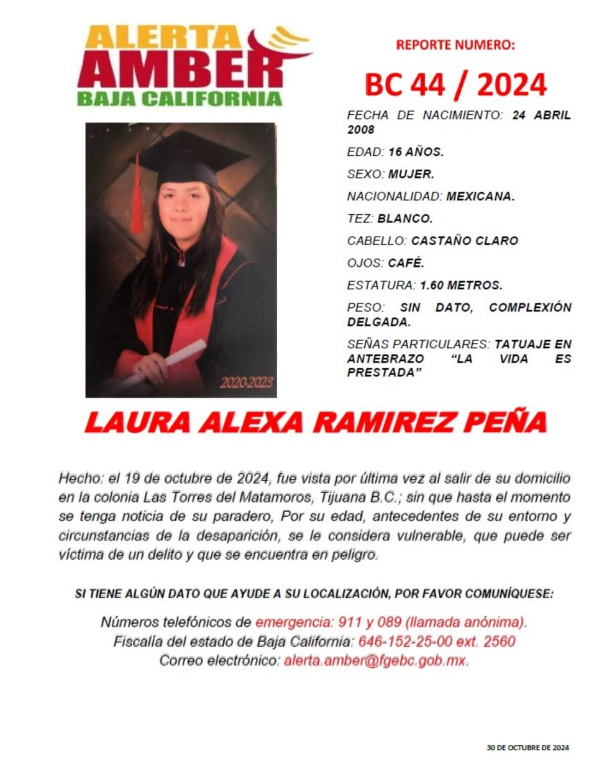 Laura Alexis Ramírez Peña fue vista por última vez el 19 de octubre del 2024.