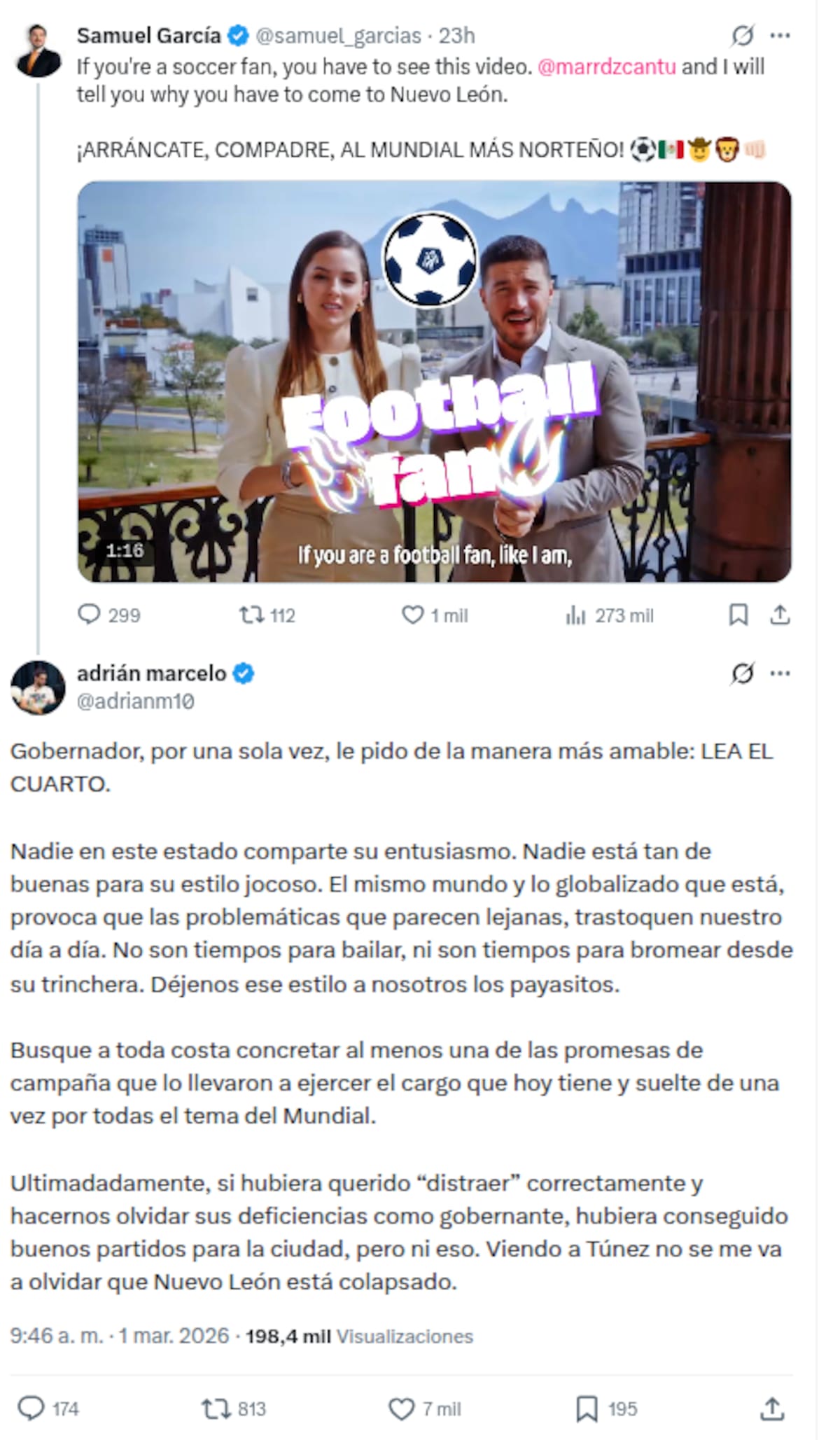 Samuel García promueve el Copa Mundial de la FIFA 2026 en inglés y Adrián Marcelo lo acusa de distraer de la crisis en Nuevo León | captura de pantalla