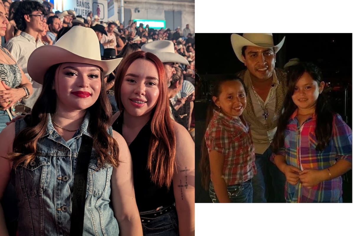 Victoria Silvas y Camila Valenzuela en la Expogan Sonora 2026 (izquierda) y en 2014 en la Expo Naranja en el estadio Héctor Espino (derecha), mostrando su seguimiento a Julión Álvarez desde niñas.