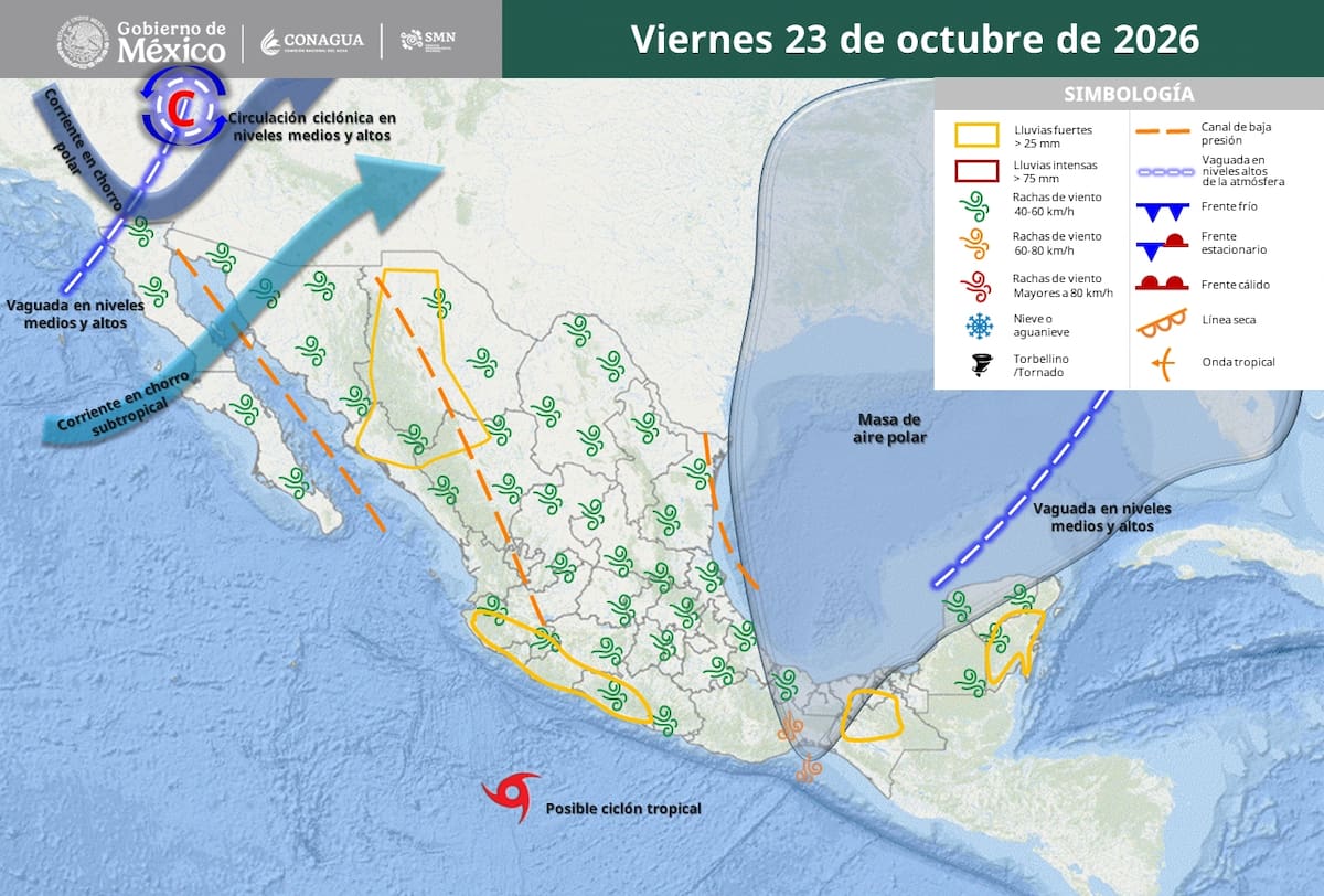 Pronóstico del clima para el viernes 23 de octubre del 2026. | Crédito: SMN