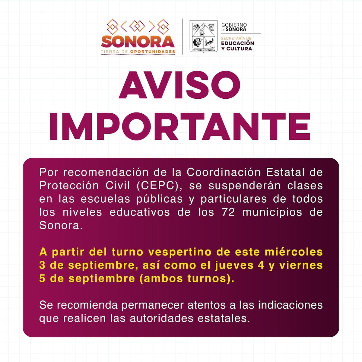 Aviso de suspensión de clases.