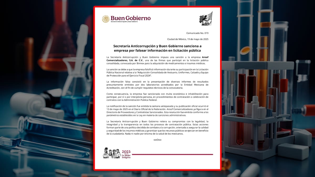 Secretaría Anticorrupción y Buen Gobierno impone multa y suspensión a empresa que participó en licitación de insumos médicos por falsificación de información