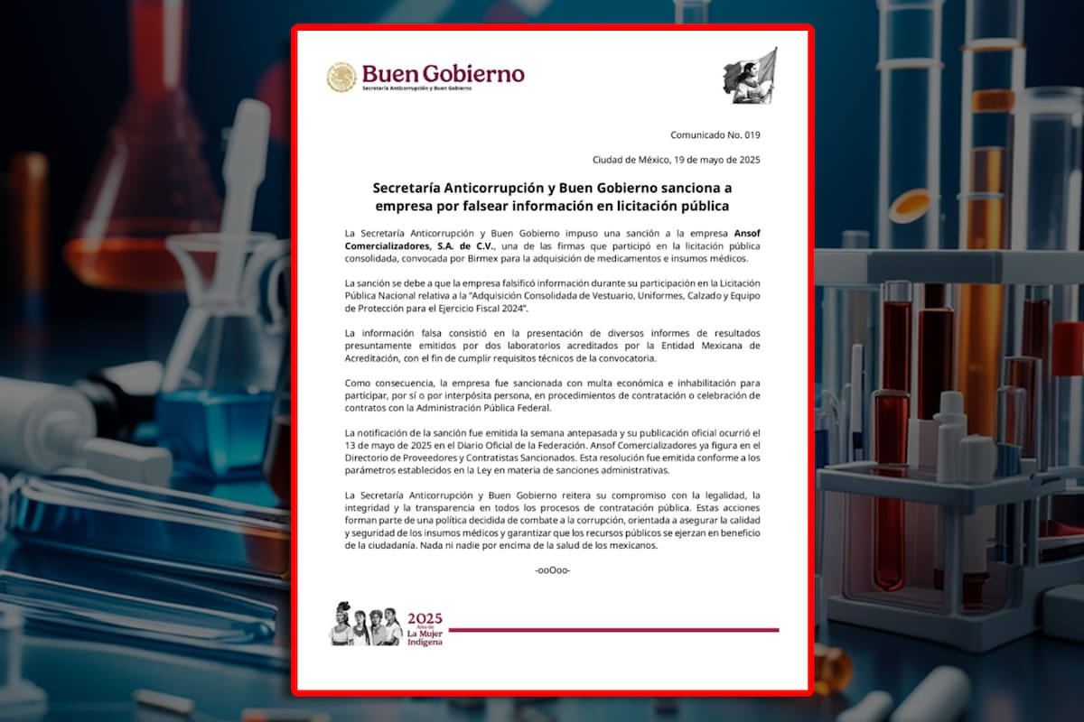 Secretaría Anticorrupción y Buen Gobierno impone multa y suspensión a empresa que participó en licitación de insumos médicos por falsificación de información