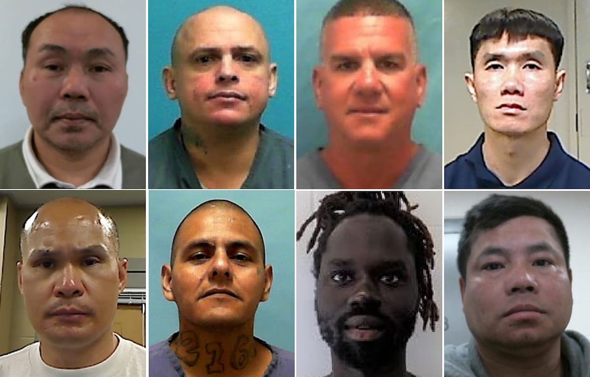 Photos released by DHS of deportees, top L-R: Nyo Myint, Burma, Enrique Arias-Hierro, Cuba, Jose Manuel Rodriguez-Quinones, Cuba, Tuan Thanh Phan, Vietnam, bottom L-R: Thongxay Nilakout, Laos, Jesus Munoz-Gutierrez, Mexico, Dian Peter Domach, South Sudan and Kyaw Mya, a citizen of Burma.