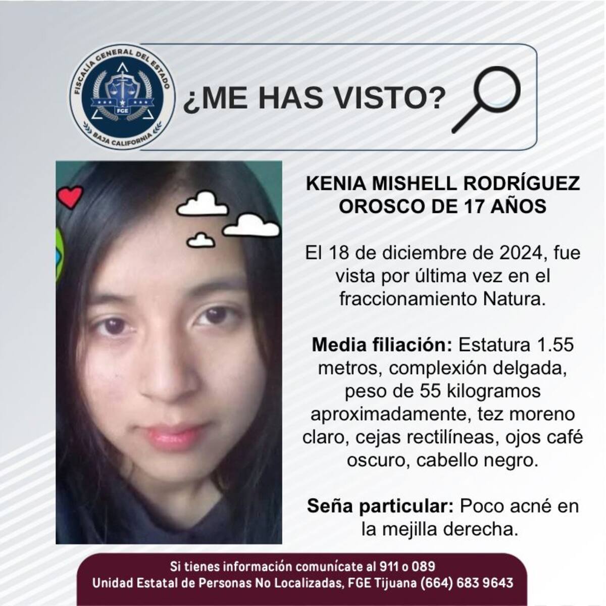 Kenia Mishell Rodríguez Orosco fue vista por última vez el 18 de diciembre del 2024.