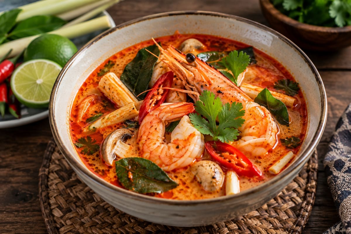 El tom yum kung es una sopa tailandesa de sabor intenso que combina camarones, chile, limón, hierbas aromáticas, champiñones y hojas de lima kaffir en un caldo picante y ácido. | Crédito: Imagen hecha con IA de ChatGPT