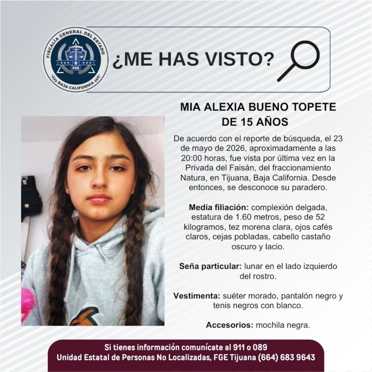 Fue vista por última vez el 23 de mayo de 2026.
