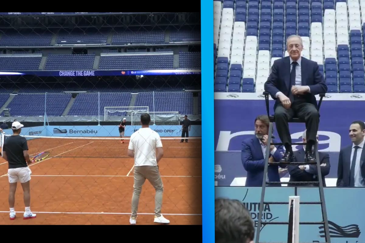 VIDEO: Rafael Nadal y Jannik Sinner jugaron tenis en el Santiago Bernabéu junto a futbolistas del Real Madrid mientras Florentino Pérez estaba de juez de silla