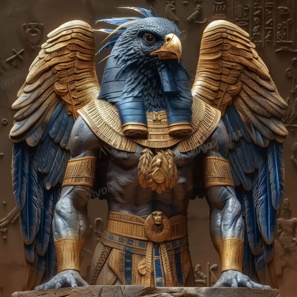 Fusionando lo antiguo con lo moderno: La inteligencia artificial redefine a Horus con músculos y plumas digitales.