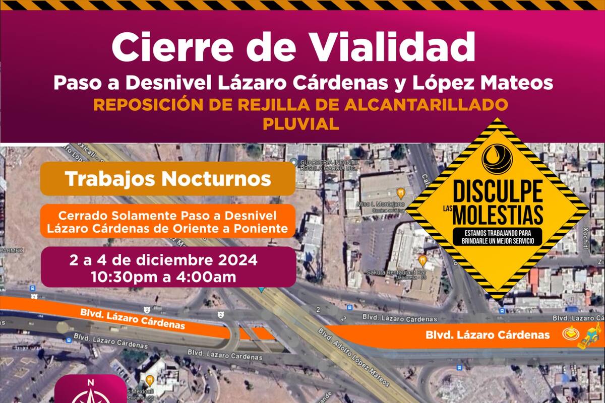 CESPM anuncia cierre nocturno en paso a desnivel Lázaro Cárdenas y López Mateos por mantenimiento