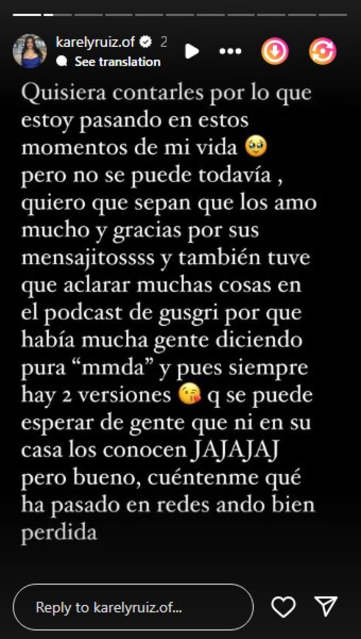 Karely Ruiz no ha dado más detalles sobre su salud