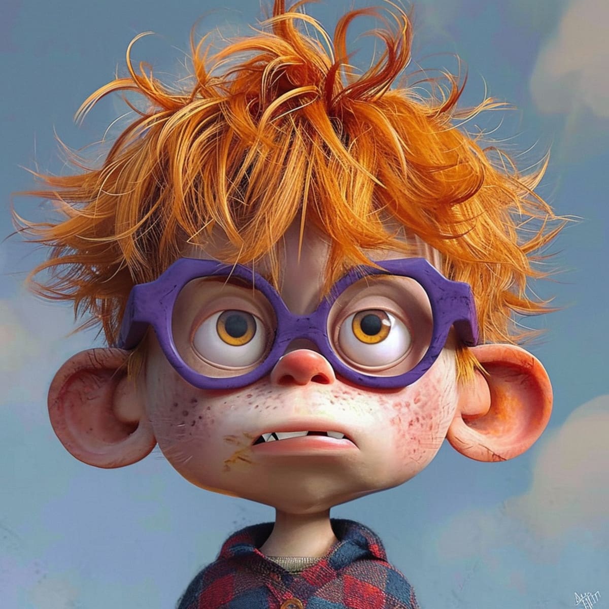 La inteligencia artificial de Midjourney ha creado una representación sorprendente de Carlitos de los Rugrats, visualizándolo como un niño pelirrojo con unos grandes anteojos de tono morado.
