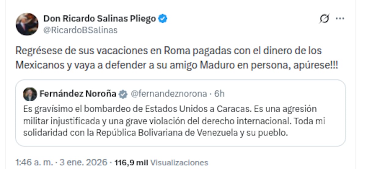 Salinas Pliego y Noroña reaccionan a la captura de Nicolás Maduro y el bombardeo de EEUU en Venezuela.