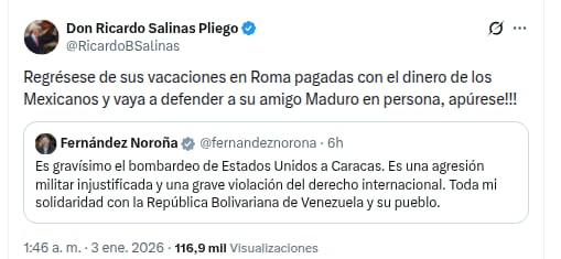 Salinas Pliego y Noroña reaccionan a la captura de Nicolás Maduro y el bombardeo de EEUU en Venezuela.