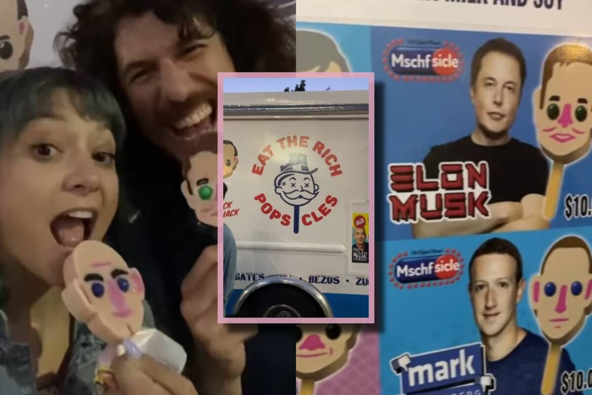 “¡Cómete a los ricos!”: joven encuentra carrito de helados con las caras de Jeff Bezos, Zuckerberg y Elon Musk