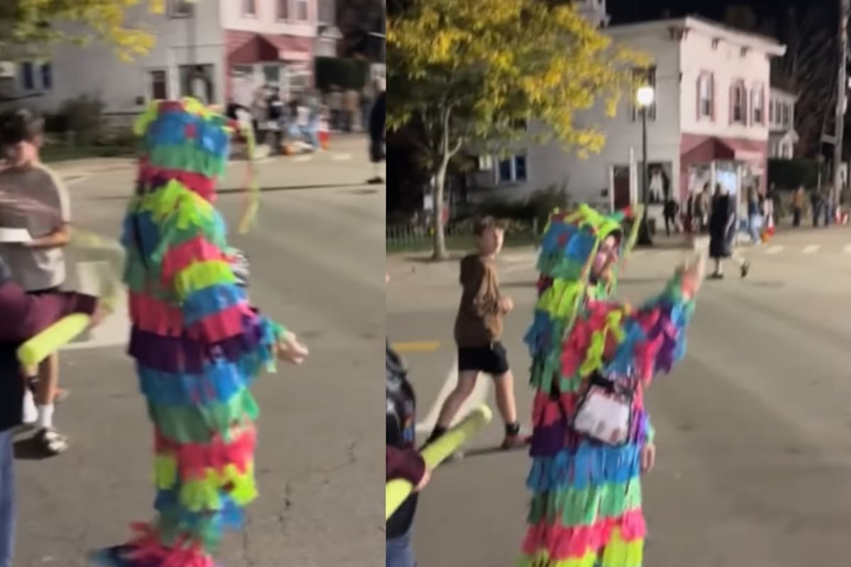 “Lo golpeas y salen dulces”: Hombre se vuelve viral por su increíble disfraz de piñata