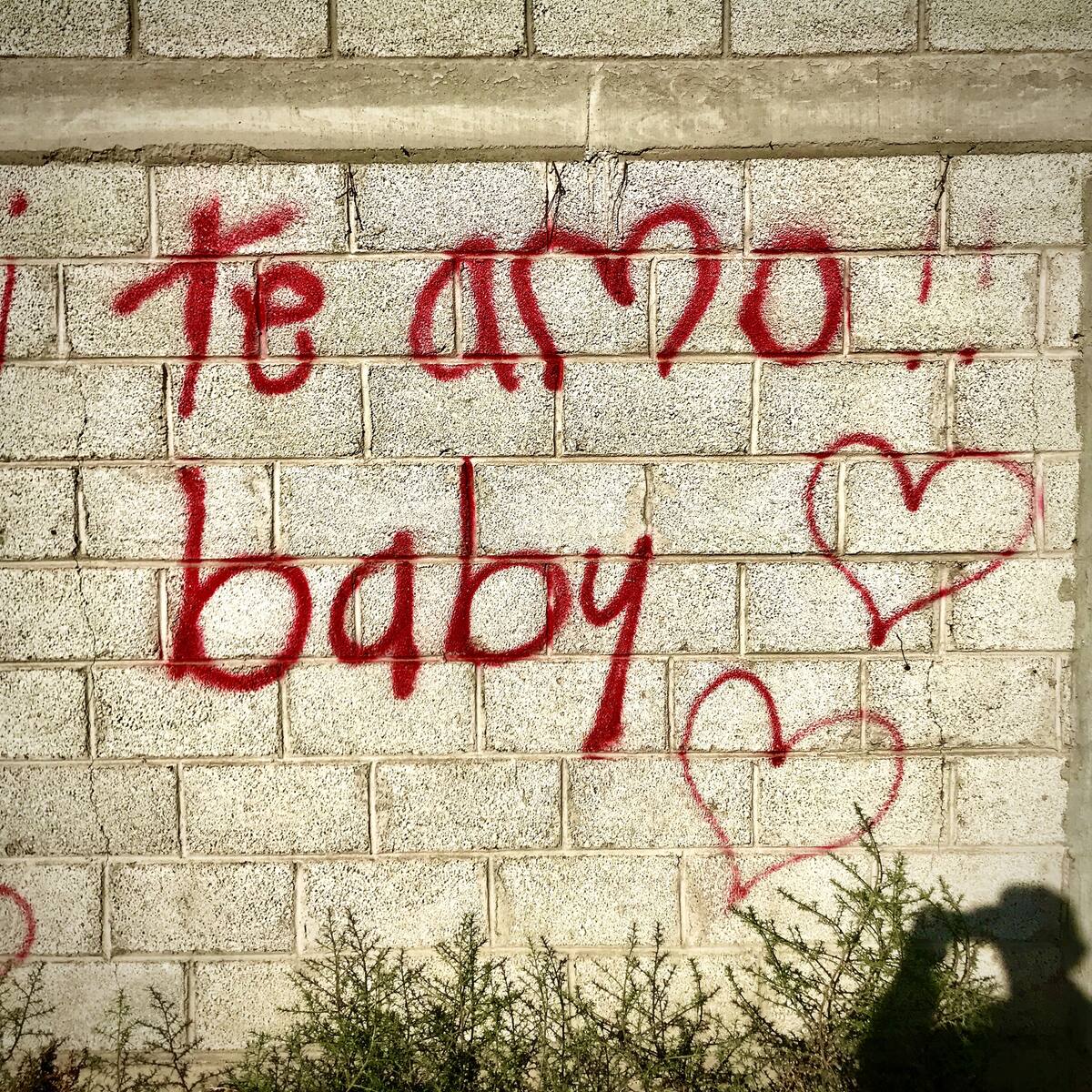 Grafiti on a wall saying " Te amo baby" in Spanish, which means "I love you"