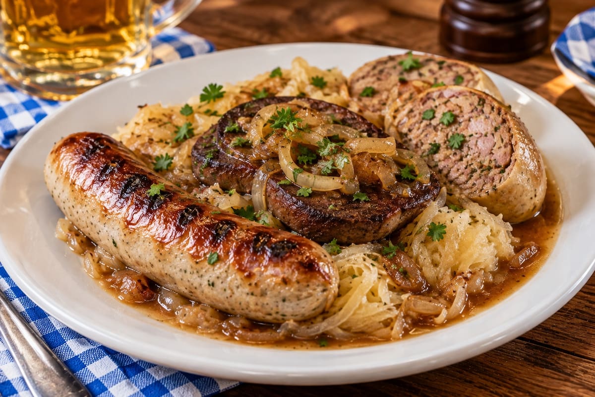 La “Trinidad del Palatinado” reúne distintas especialidades regionales alemanas, entre ellas bratwurst, preparaciones de hígado y saumagen, servidas sobre chucrut y acompañadas con salsa. | Crédito: Imagen hecha con IA de ChatGPT