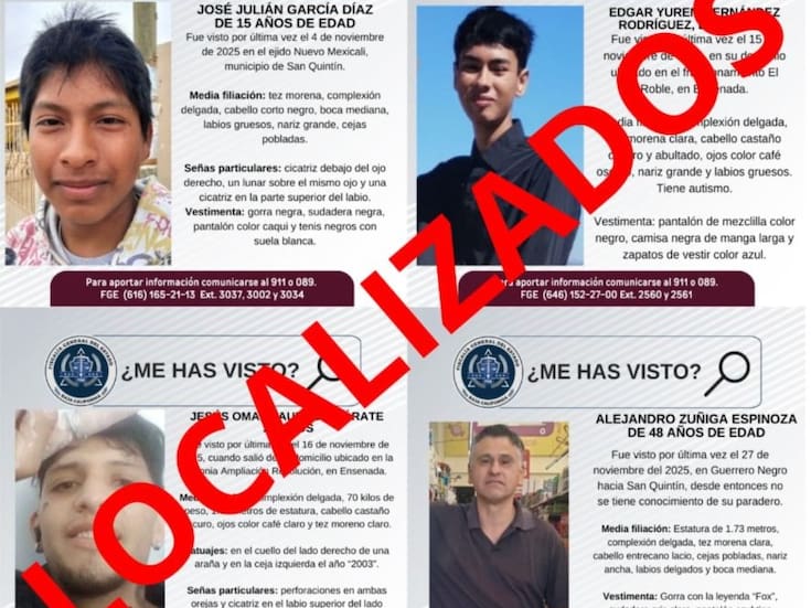 Localizan a cuatro personas reportadas como desaparecidas en Ensenada y San Quintín
