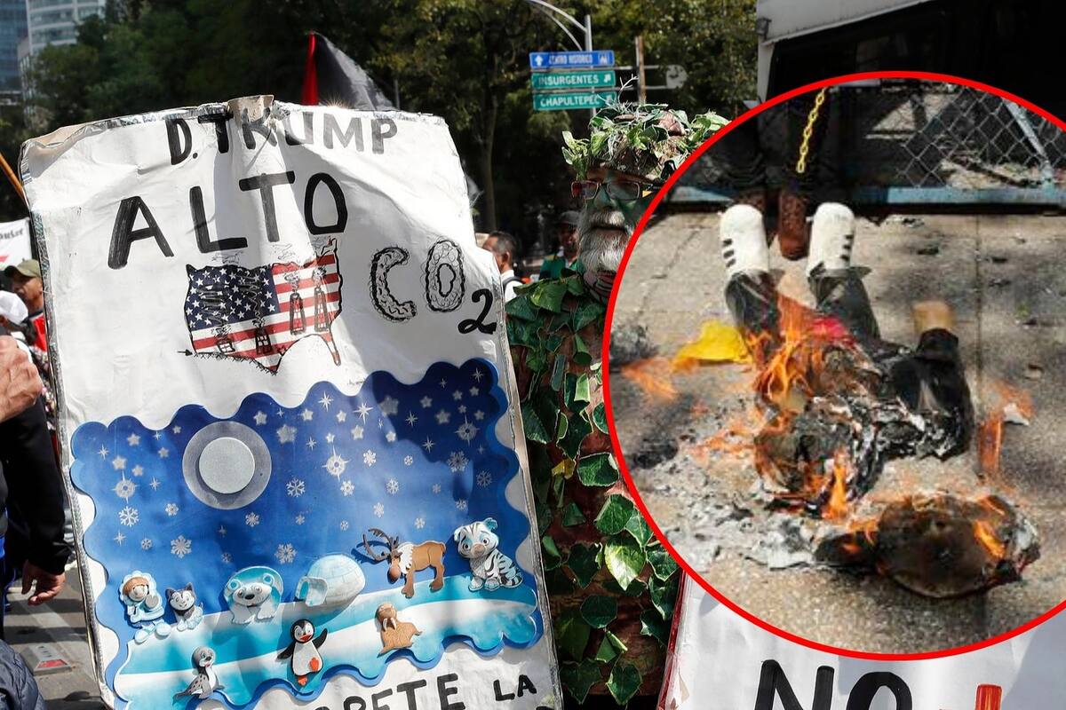 Manifestantes golpean y queman piñata de Trump frente a embajada de EU en la CDMX