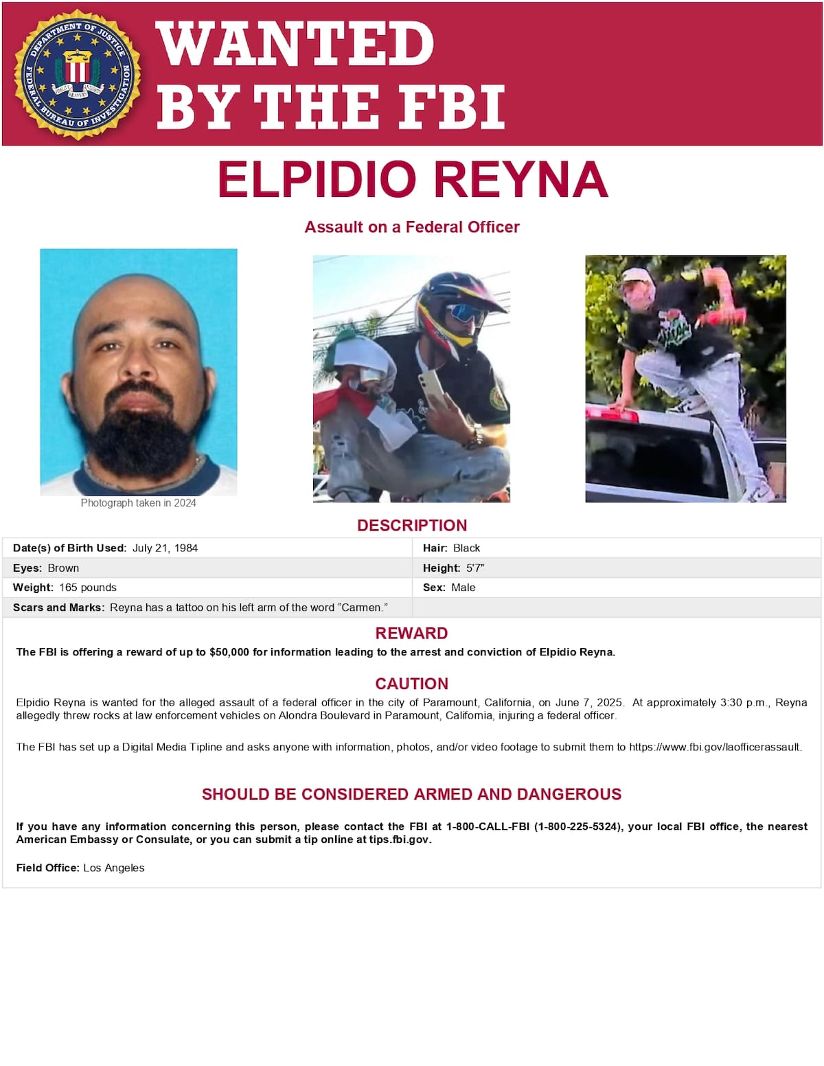 Acusan a hombre de Compton por atacar a agente federal en protesta; FBI ofrece recompensa. Foto: FBI