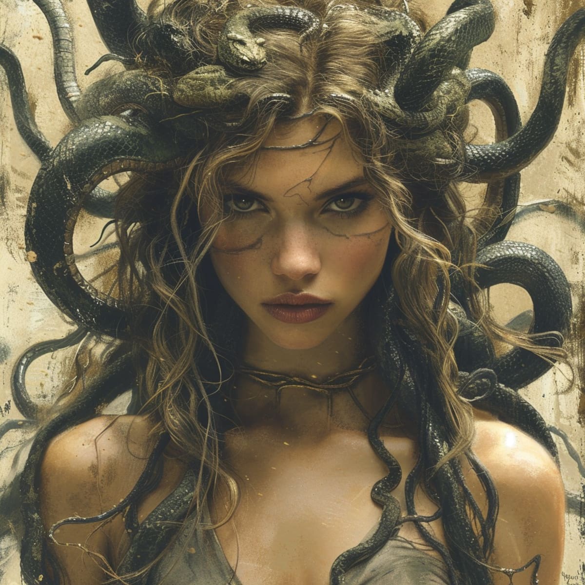 Ojos verdes que hipnotizan: la interpretación visual de Medusa que desafía las expectativas.
