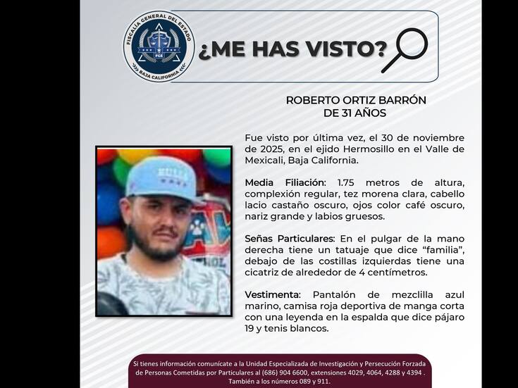Buscan a Roberto, desaparecido hace 10 días en el Valle de Mexicali