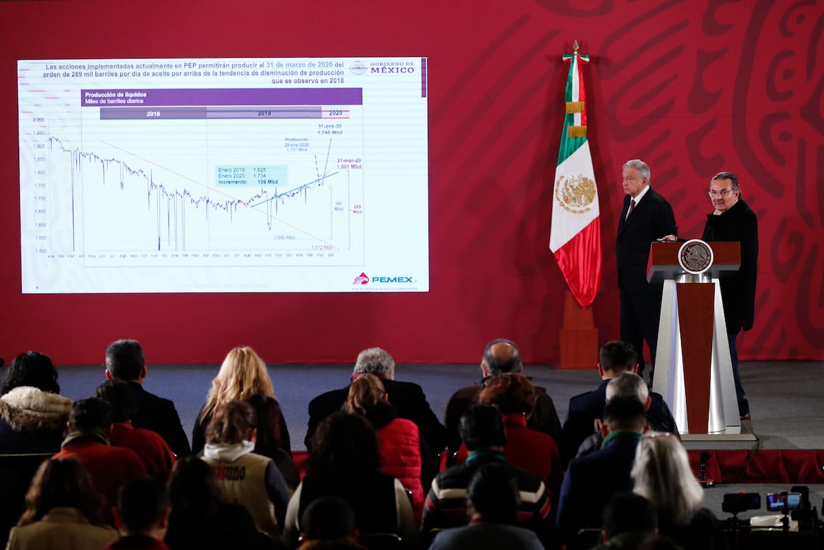 MEX3963. CIUDAD DE MÉXICO (MÉXICO), 29/01/2020.- El director de Petróleos Mexicanos (Pemex), Octavio Romero (d), habla este miércoles durante la rueda de prensa matutina del presidente de México, Andrés Manuel López Obrador (2d), en el Palacio Nacional de Ciudad de México (México). El Gobierno de México aseguró este miércoles que la deuda de la estatal Petróleos Mexicanos (Pemex) se redujo en 127.000 millones de pesos (unos 6.774 millones de dólares) en 2019. EFE/ José Méndez