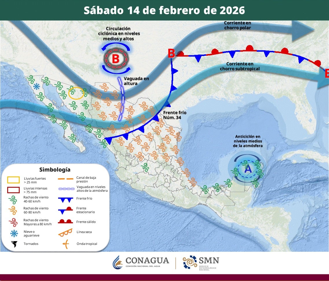 Pronóstico del clima para el sábado 14 de febrero del 2026. | Crédito: SMN