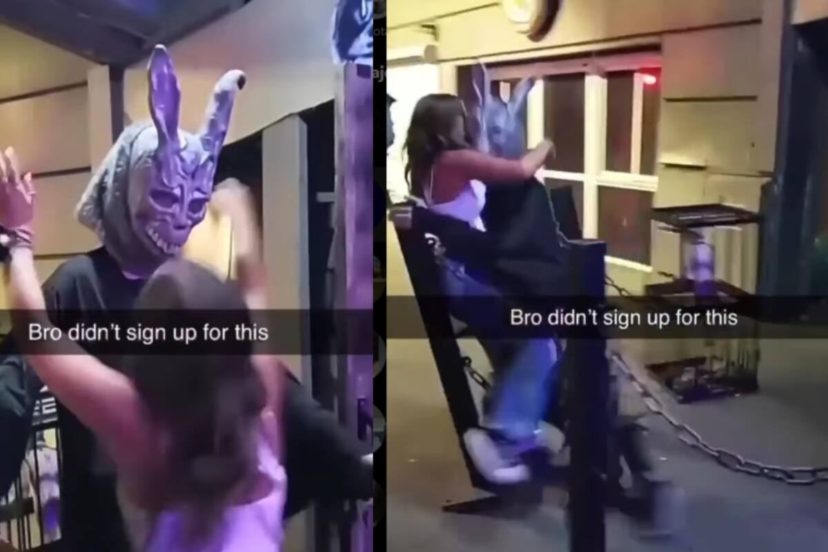 Joven visita casa de terror, salta a los brazos de un actor y ambos terminan cayendo estrepitosamente