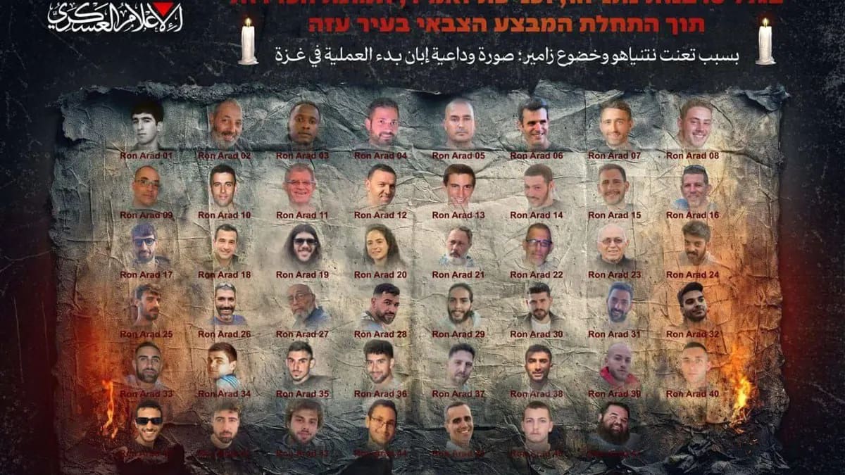 El grupo islamista Hamás difundió una imagen de propaganda psicológica en la que muestra a 46 de los 48 rehenes que quedan en Gaza | Especial