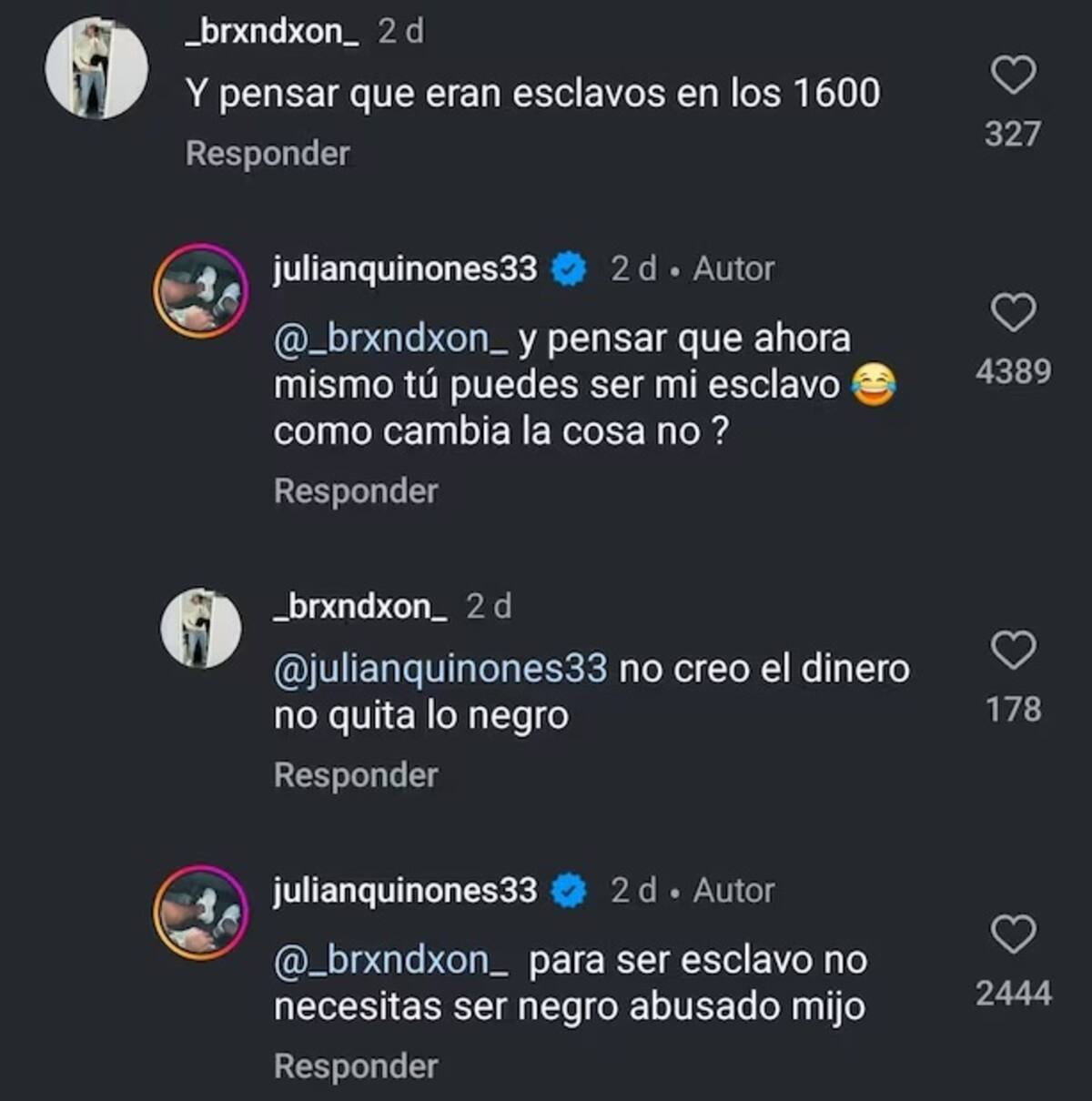 Intercambio de comentarios entre Julián Quiñones y un 'hater'. (Foto: Captura de pantalla)