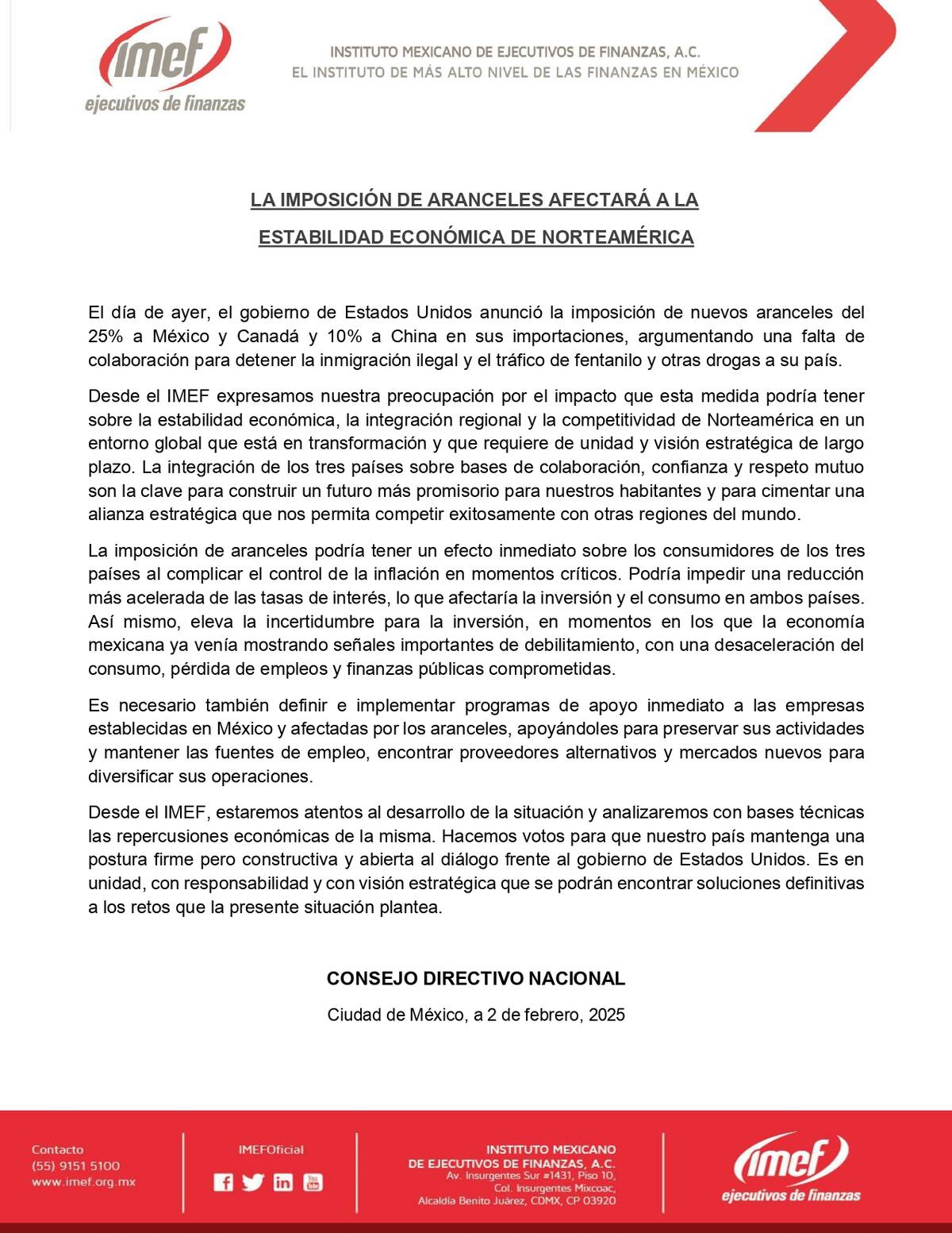 Comunicado del día de hoy 02 de febrero del 2025 del IMEF.