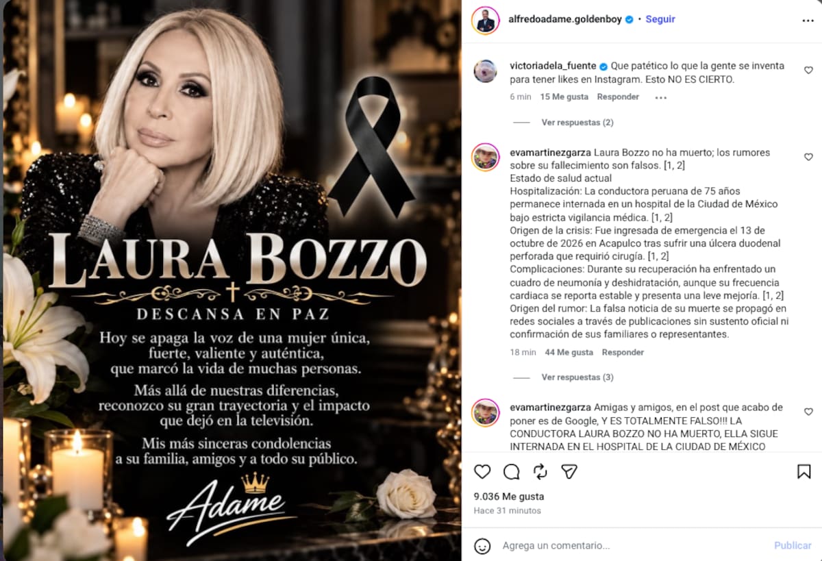 Alfredo Adame publicó una esquela de Laura Bozzo en Instagram, desatando confusión sobre la supuesta muerte de la conductora, información que posteriormente fue desmentida.