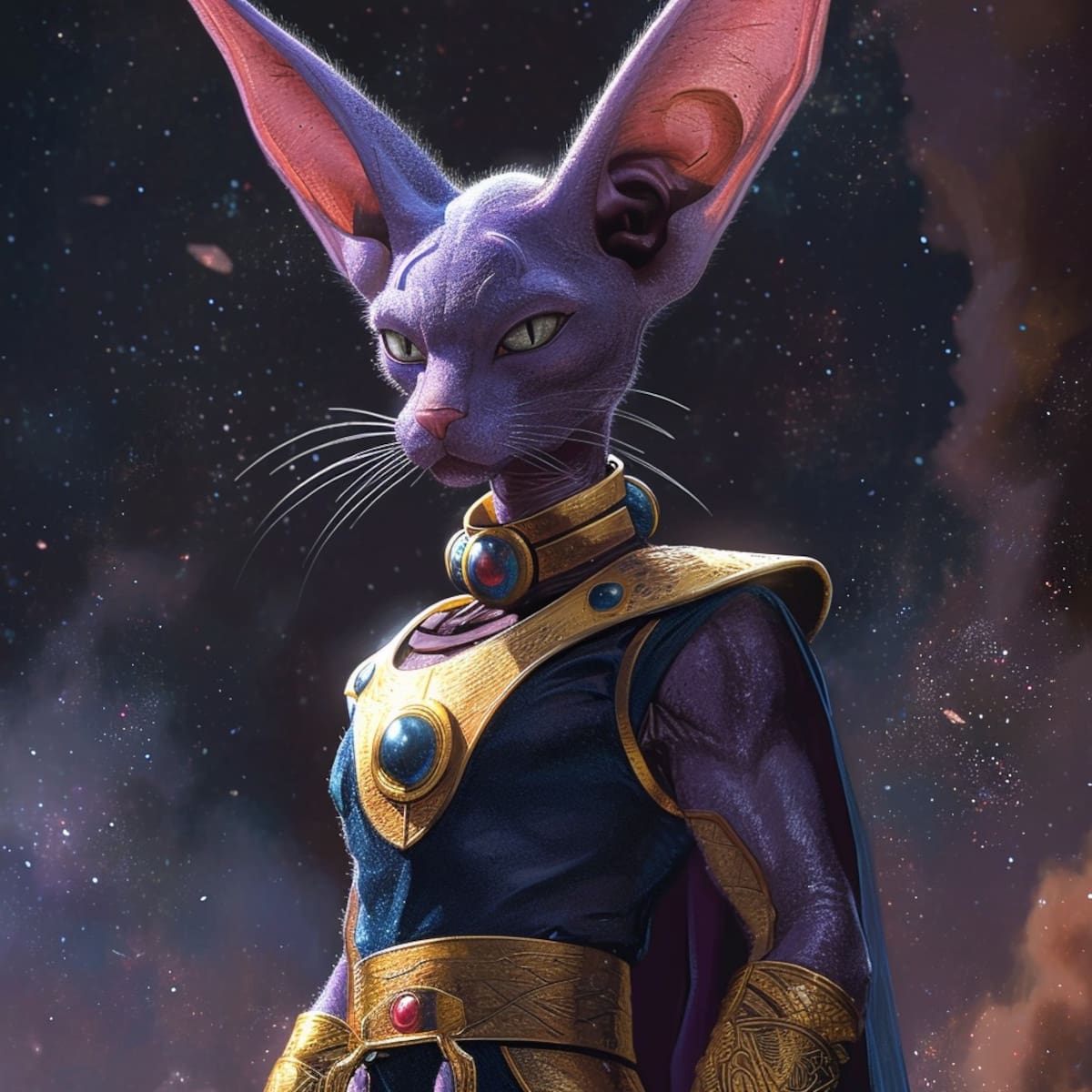 La IA captura la esencia de la mitología egipcia al vestir a Bills con elegancia, resaltando su papel como guardián del equilibrio en Dragon Ball.