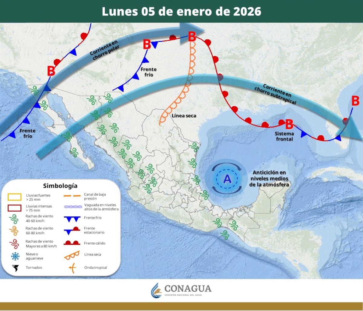 Pronóstico del clima para el lunes 5 de enero del 2026. | Crédito: SMN