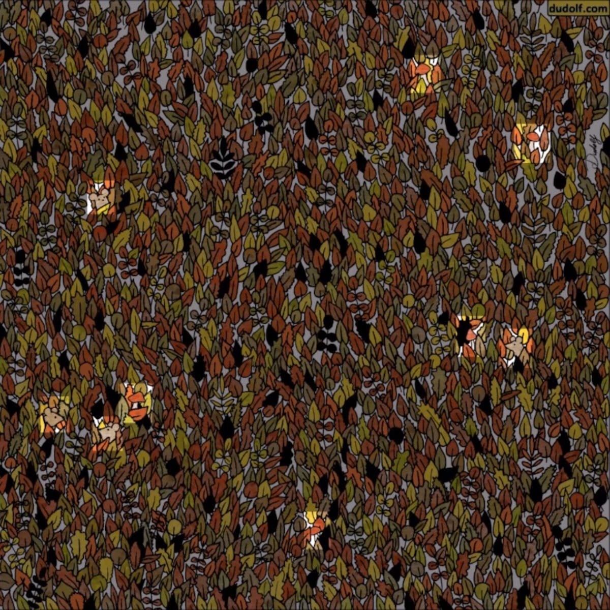 Reto visual: Encuentra los cuatro ratones y los cinco hongos escondidos en la imagen. Solución.
