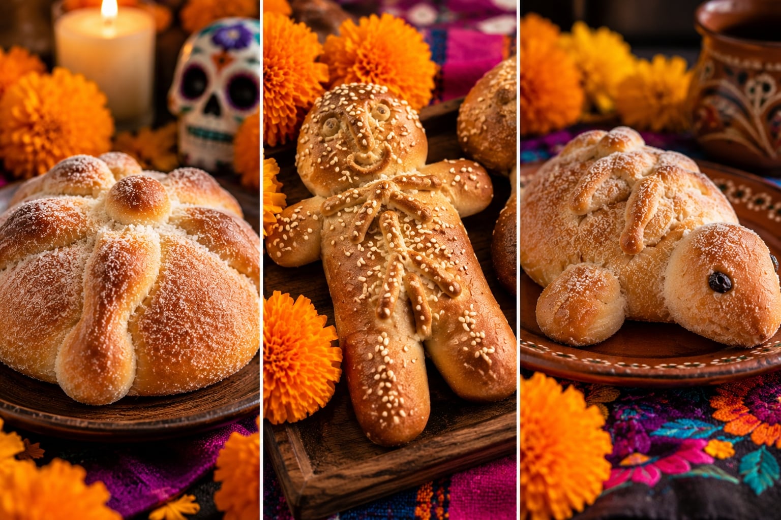 El pan de muerto tiene distintas formas y preparaciones regionales en México, desde el tradicional redondo hasta piezas con figuras humanas o de animales. | Crédito: Imagen hecha con IA de ChatGPT