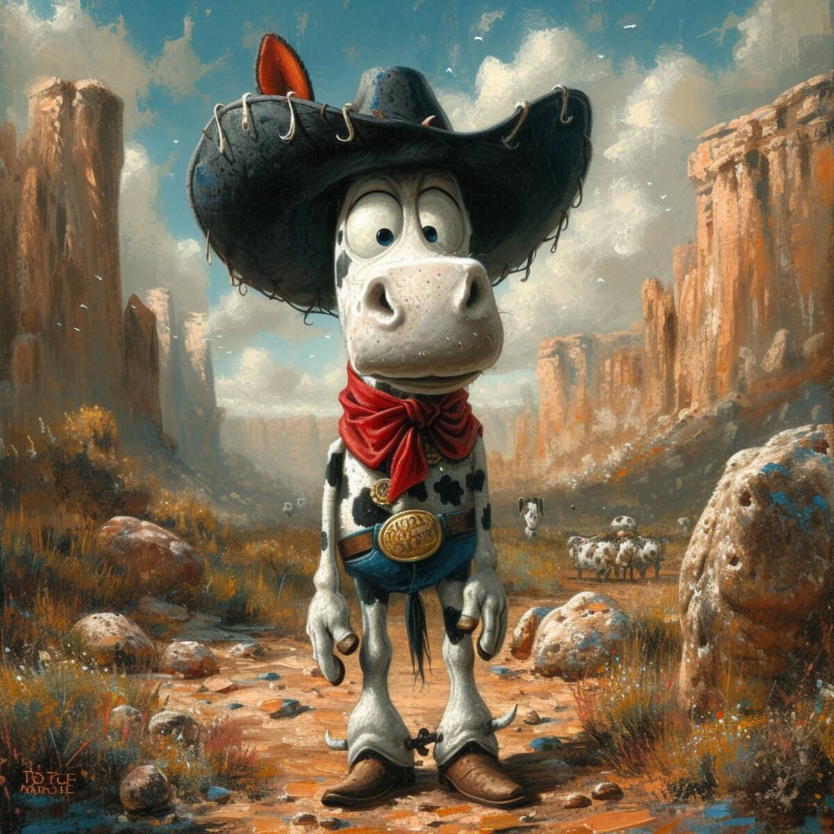 La recreación de Tiro Loco McGraw: un caballo antropomórfico con manchas negras, un giro inesperado hacia la apariencia de una vaca.