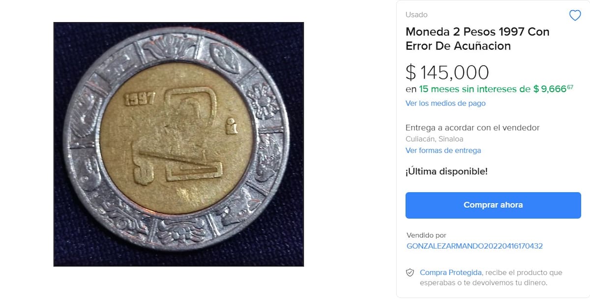 Moneda de 2 pesos se vende a 145 mil pesos.