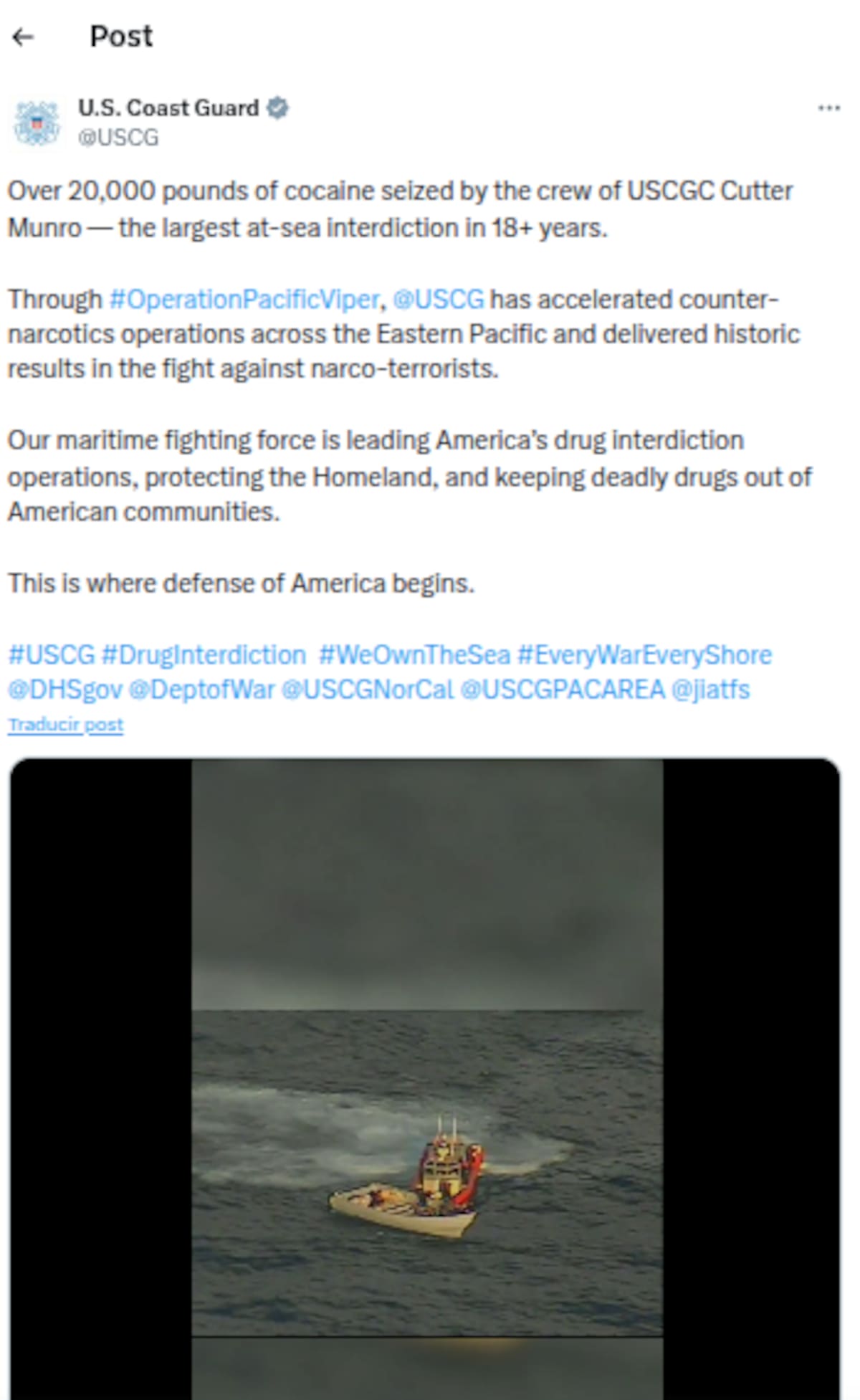 El operativo fue realizado por la tripulación del buque Cutter Munro.