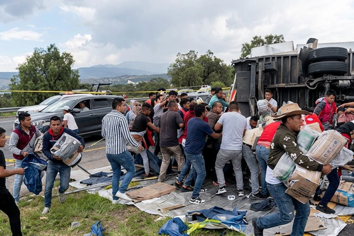 Rapiña en Axapusco: saquean tráiler cargado con pantalones de mezclilla tras volcadura